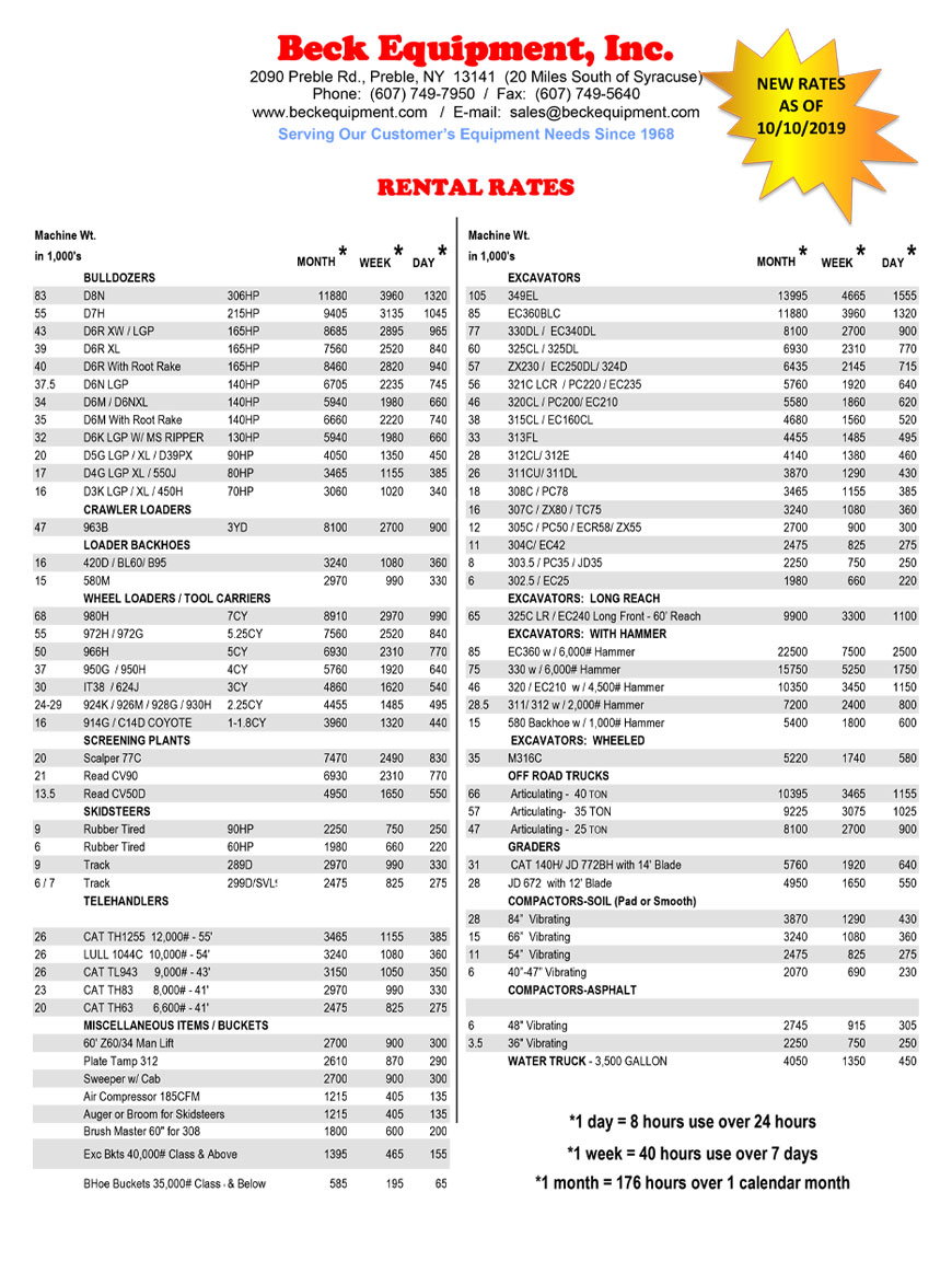 Rentals Beck Equipment Sales, Rentals, Service Preble, NY