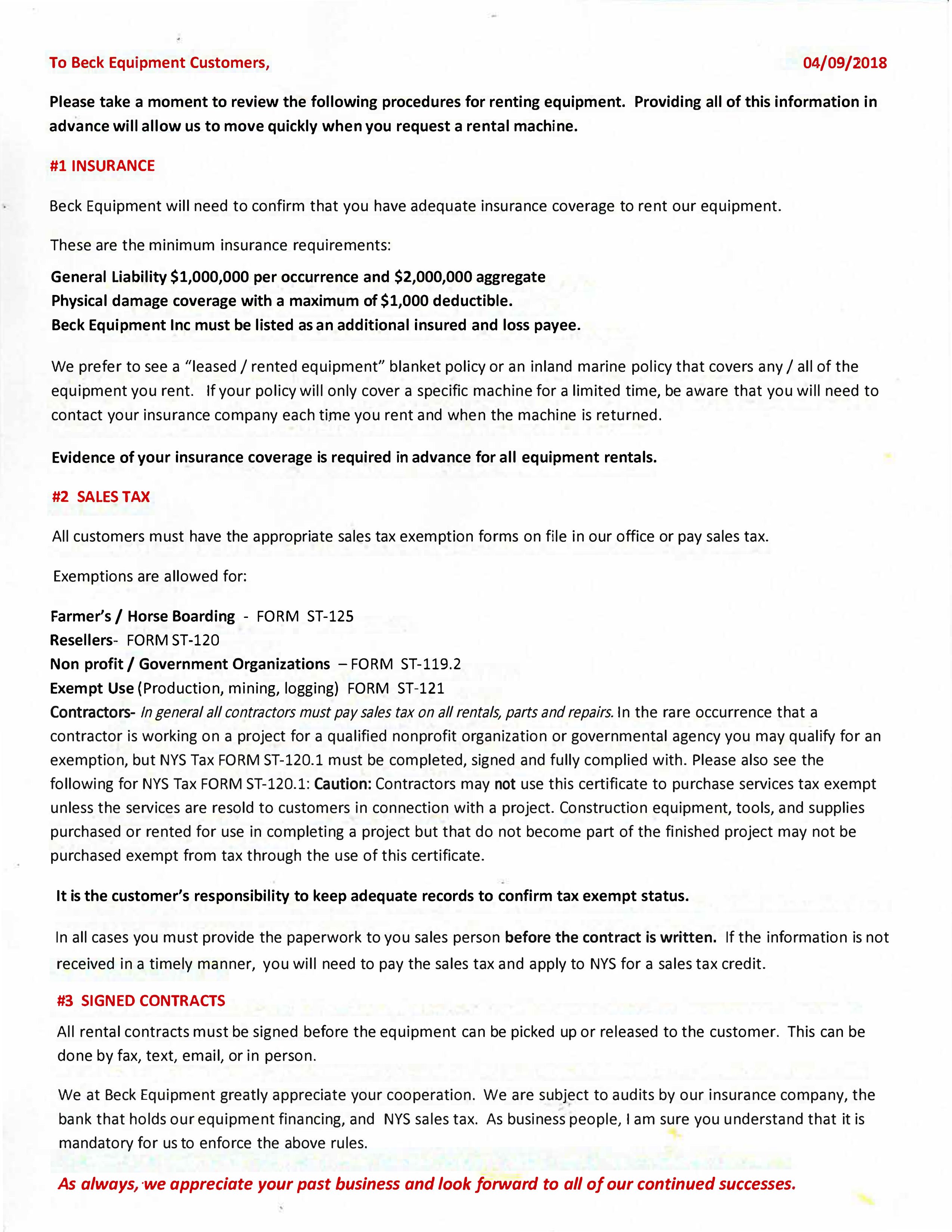 Rentals Beck Equipment Sales, Rentals, Service Preble, NY